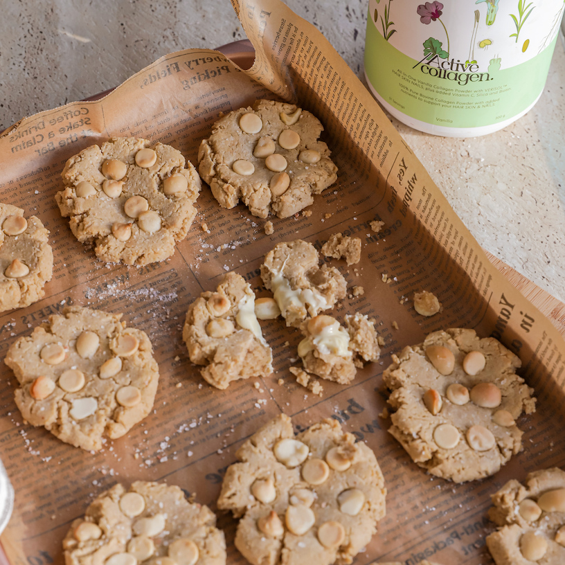 Salted Tahini White Choc & Macadamia Cookies