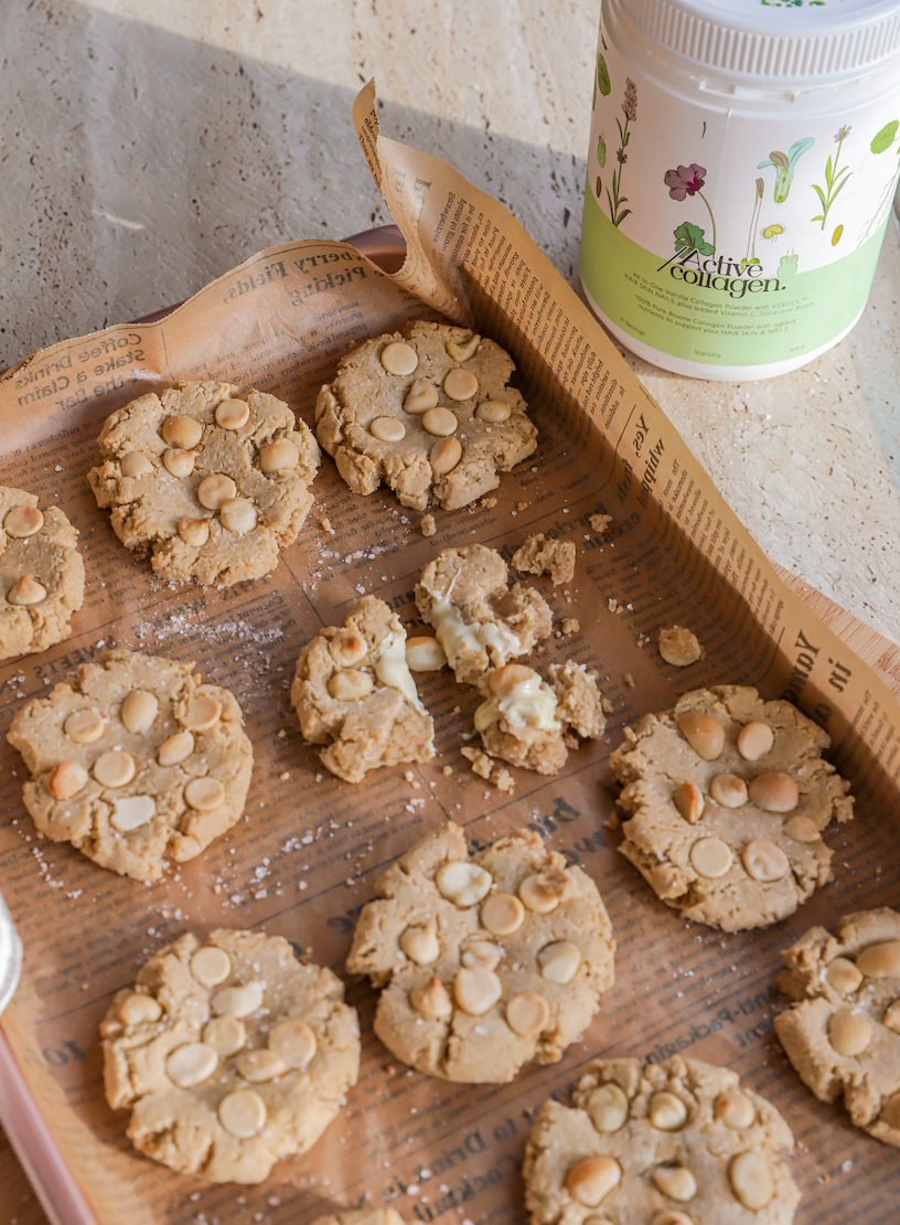 Salted Tahini White Choc &amp; Macadamia Cookies – Active Collagen
